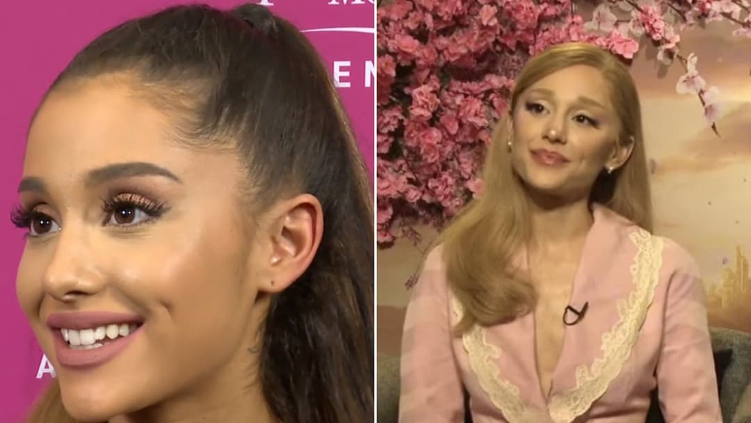 Split view of Ariana Grande with her high brown ponytail in 2016 on the left and with blonde Glinda styling on the right.