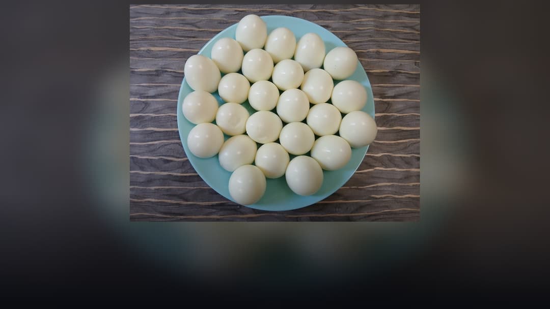 Bright and appetising plate of freshly prepared hard-boiled eggs cut in half displaying vibrant rich yolks.