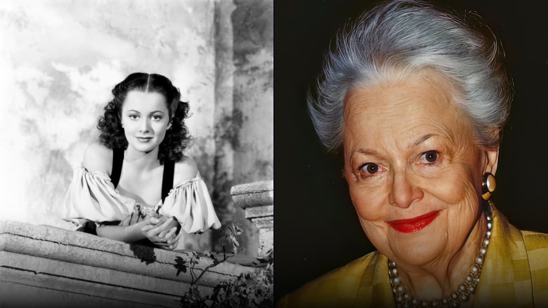 Side-by-side photographic comparison of Olivia de Havilland leaning on a balcony in 1936 on the left and in an elegant senior portrait with silver hair and pearls on the right.