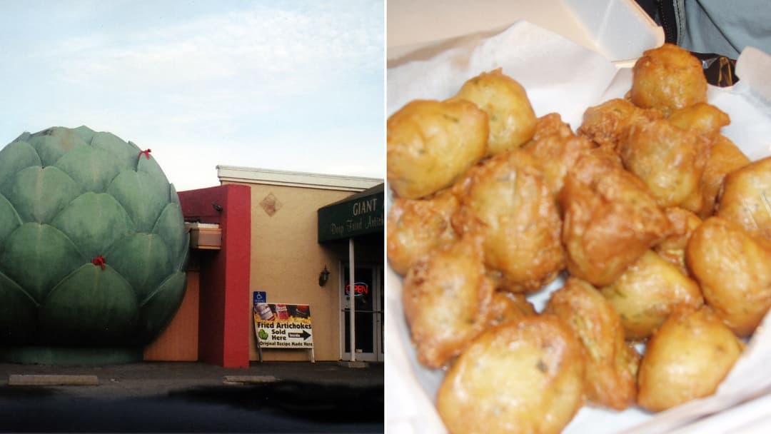 Split view of The Giant Artichoke restaurant in Castroville, California on the left and golden-fried artichoke hearts on the right.