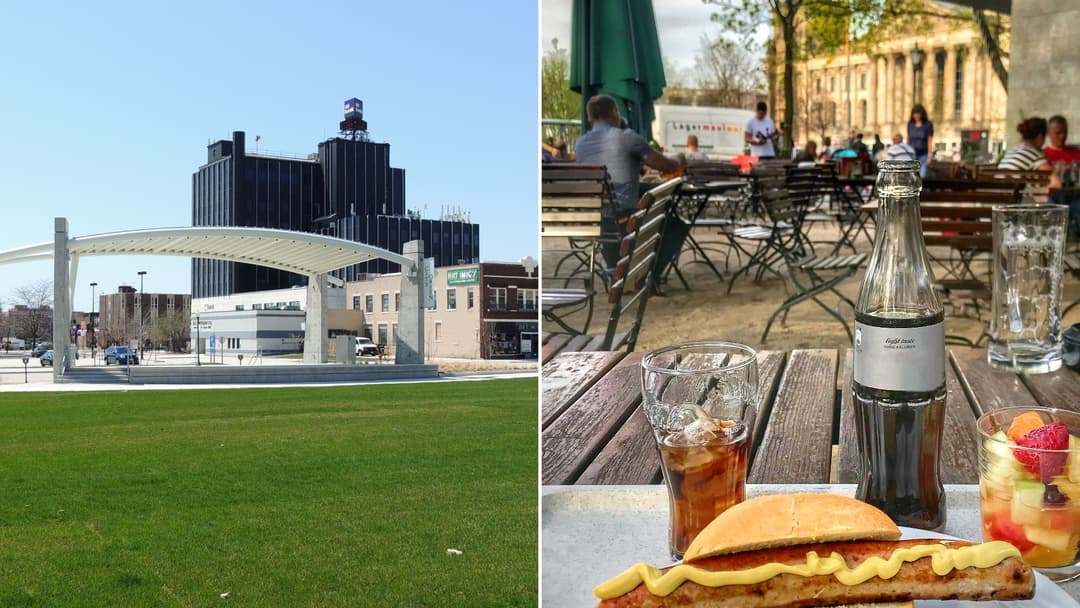 Split view of downtown Sheboygan, Wisconsin on the left and charcoal-grilled bratwurst inside a hard round roll on the right.