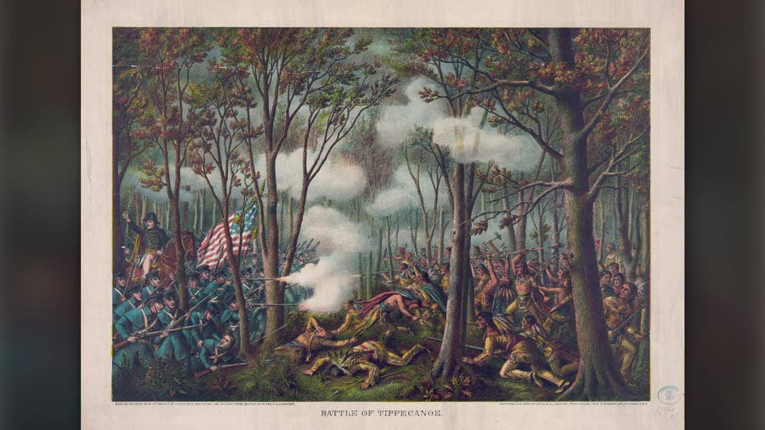 Historical lithograph showing General William Henry Harrison leading US troops at the Battle of Tippecanoe.