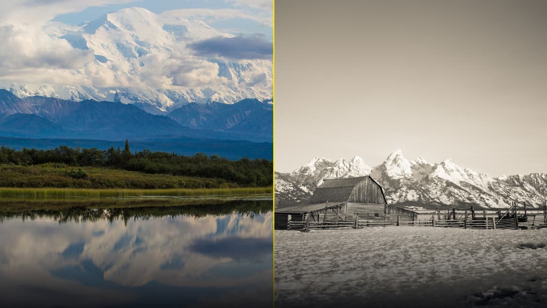 Split view of snow-covered Denali mountain peak in Alaska and the historic Grand Teton barn dusted in fresh winter snow.