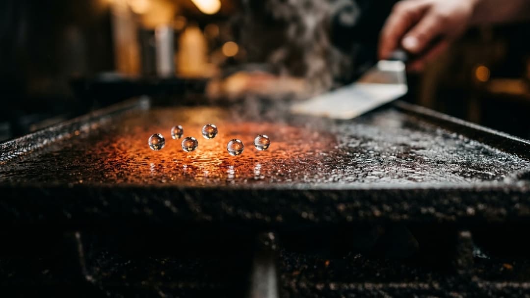 A spherical water droplet levitating seamlessly above a glowing hot iron skillet on a clean laboratory cooktop.