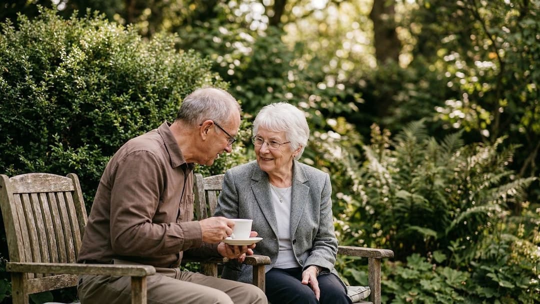 Senior couple smiling warmly at each other in a garden with matching facial muscle tone
