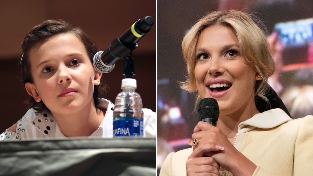 Split view of Millie Bobby Brown in 2016 at age 12 on the left and as an adult leading actress and producer on the right.