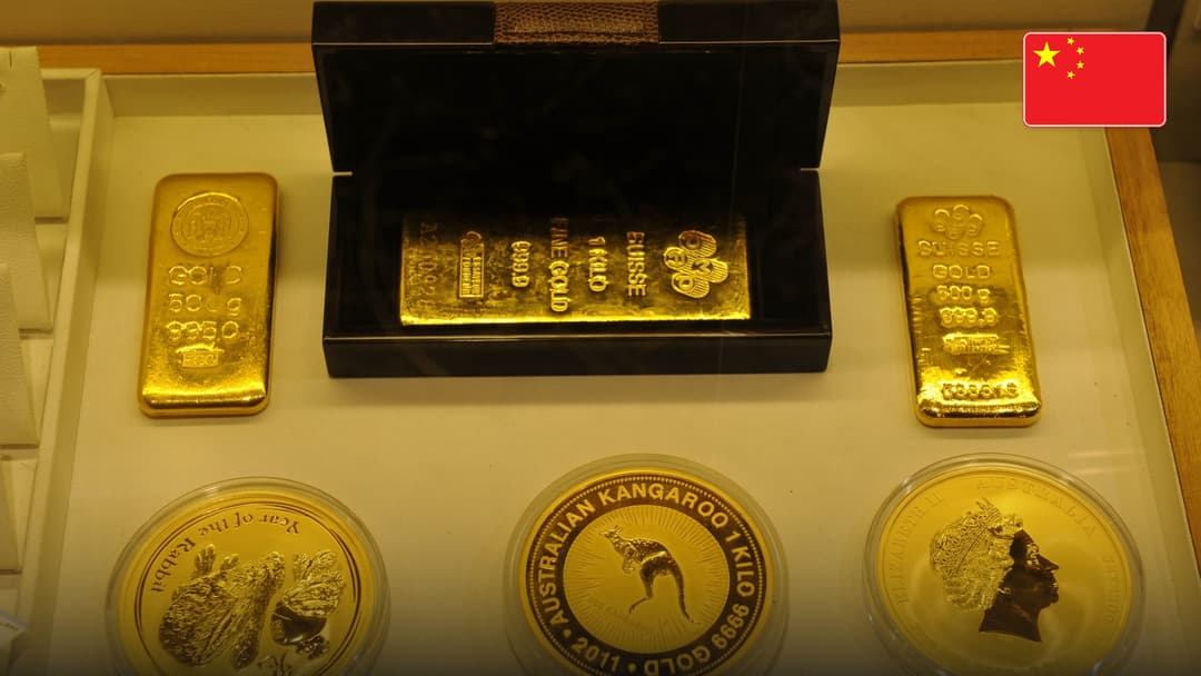 Chinese fine gold bullion bars and panda bullion coins issued by the People's Bank of China. Official national flag badge in top right.