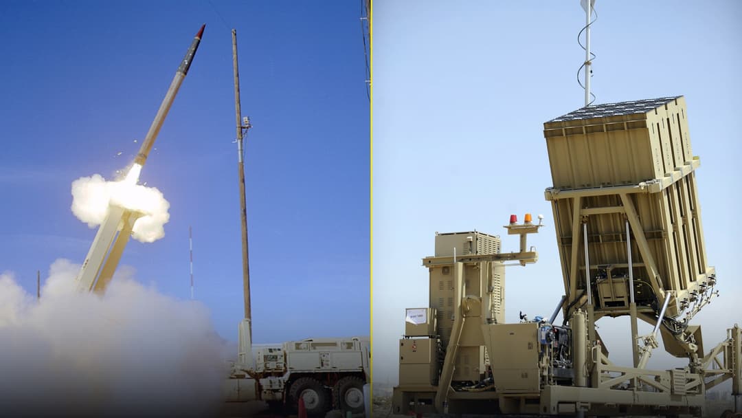 Split comparison of American THAAD and Israeli Iron Dome missile defense launch systems