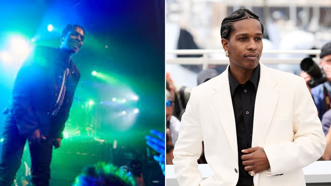 Split view of A$AP Rocky in his mid-2010s streetwear era on the left and in tailored high-fashion suiting at Cannes on the right.