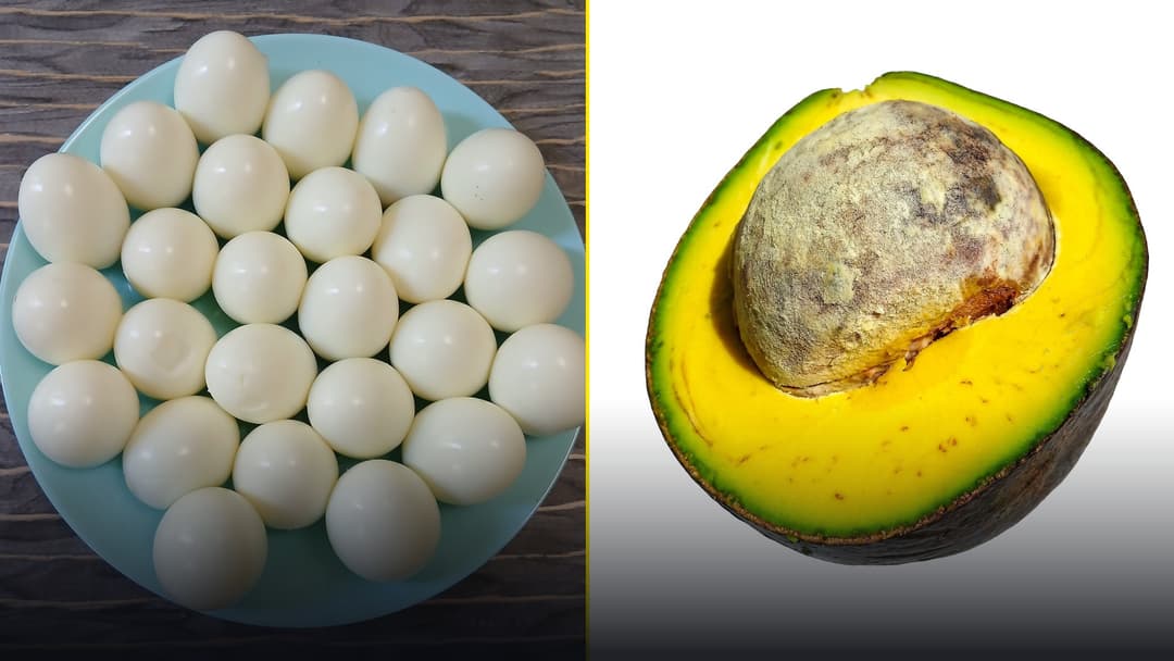 Bright split-screen composition showing freshly sliced boiled eggs on the left and a vibrant ripe green avocado half on the right.