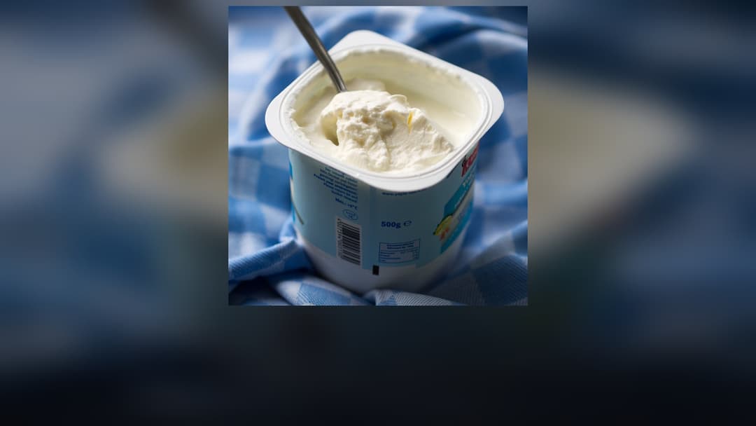 Clean, bright ceramic bowl filled with thick, creamy, pure white strained Greek yogurt.