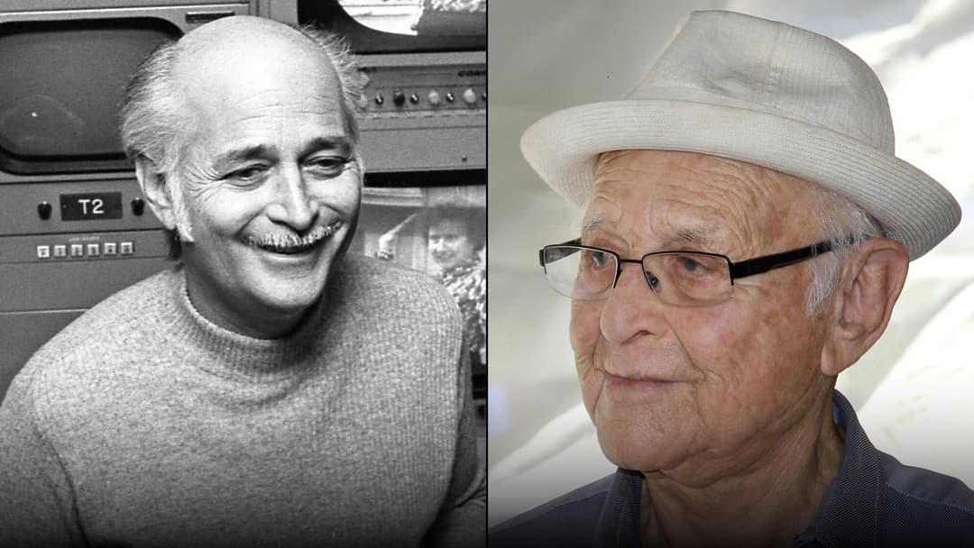 Side-by-side comparison of Norman Lear in 1975 on the set of his sitcoms on the left and in 2014 by Larry D. Moore on the right.