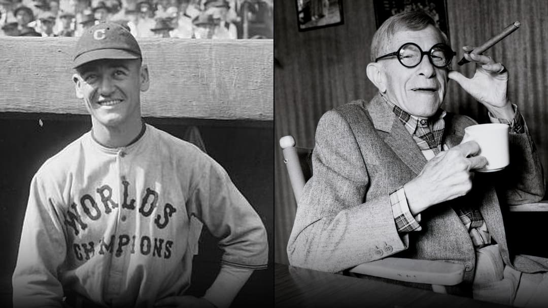 Side-by-side comparison of comedian George Burns in a 1928 vaudeville portrait on the left and in an iconic Allan Warren portrait holding a cigar on the right.