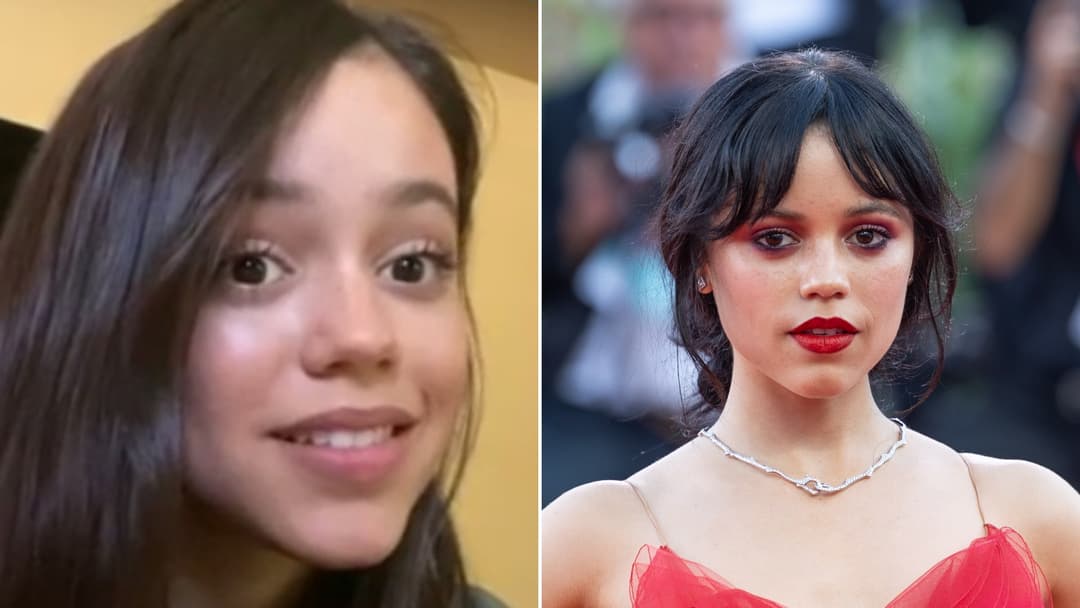 Split view of young Jenna Ortega during her Disney Channel era on the left and as a Goth-glam Hollywood leading lady on the right.