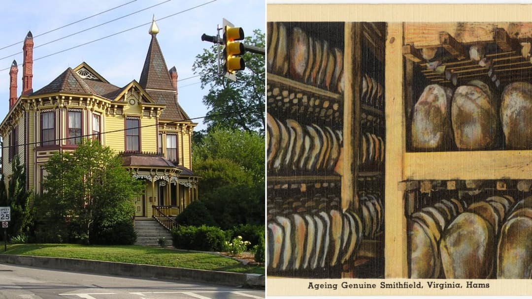 Split view of Main Street in historic Smithfield, Virginia on the left and curing genuine Smithfield hams on the right.
