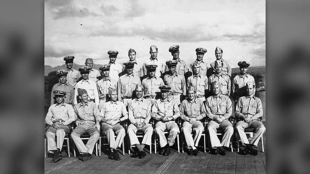 Lieutenant Gerald Ford pictured with fellow US Navy gunnery officers aboard the aircraft carrier USS Monterey in October 1943.