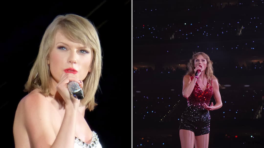 Split view of Taylor Swift with her 1989-era short blonde bob on the left and performing on the Eras Tour on the right.