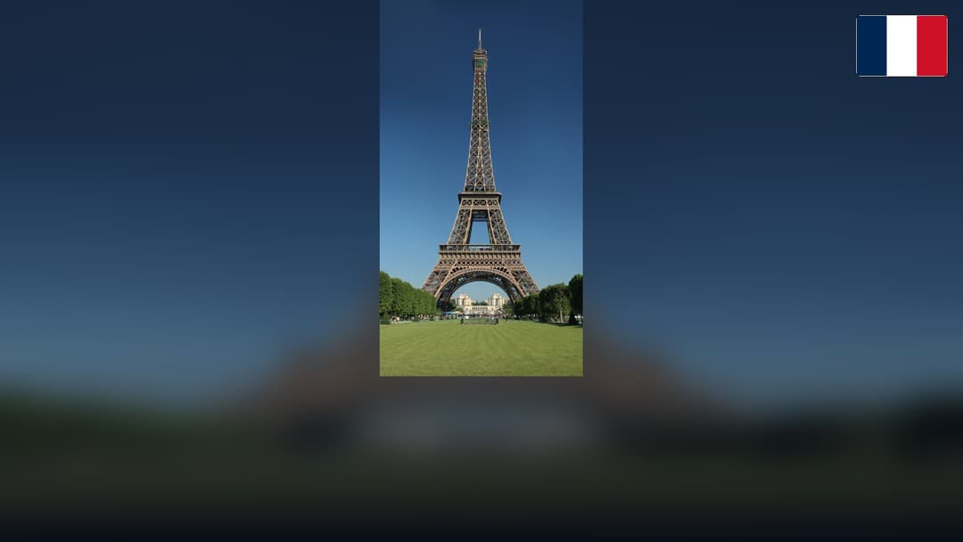 Eiffel Tower in Paris with the French flag in the top right corner.