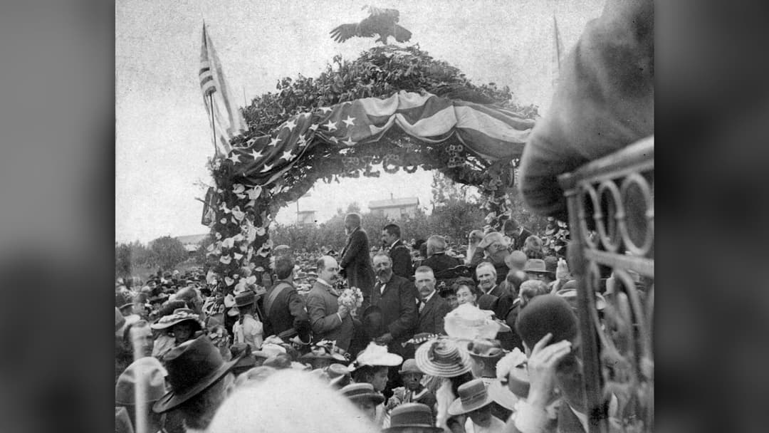 1891 photograph of President and former Union General Benjamin Harrison speaking at a reception in Santa Ana, California.
