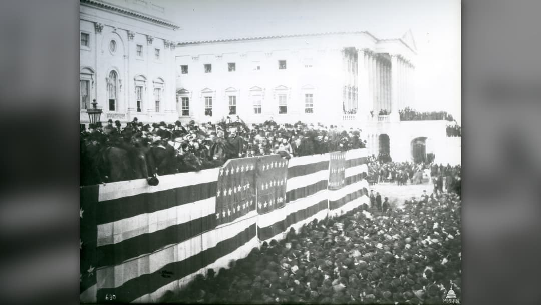 Historical illustration of Former Union Major General James A. Garfield taking the presidential oath of office at the US Capitol.