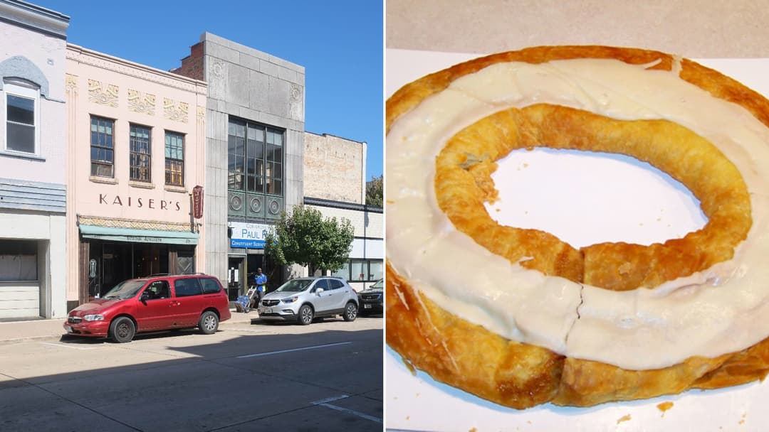 Split view of downtown 6th Street in Racine, Wisconsin on the left and an oval iced Danish kringle pastry on the right.