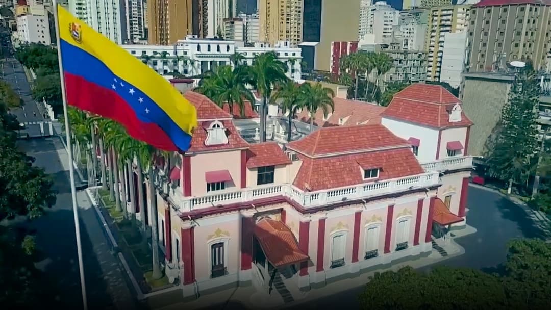 The grand exterior and gardens of the Palacio de Miraflores presidential palace in Caracas, Venezuela.