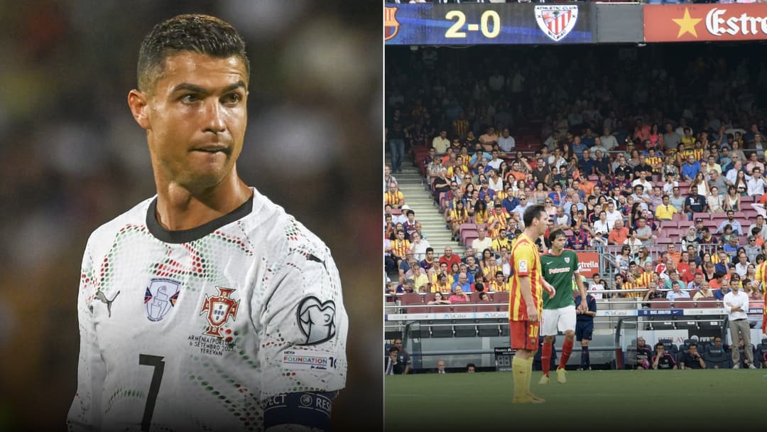 Split screen showing Cristiano Ronaldo wearing number 7 on the left and Lionel Messi wearing number 10 on the right.