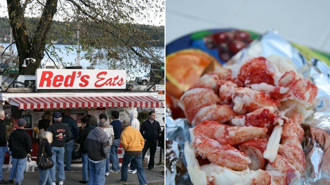 Split view of Red's Eats seafood shack in Wiscasset, Maine on the left and an overflowing Maine lobster roll on the right.