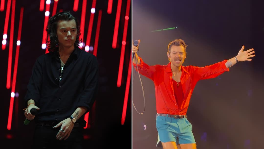 Split view of Harry Styles with long flowing hair in the mid-2010s on the left and in his modern solo era in 2026 on the right.
