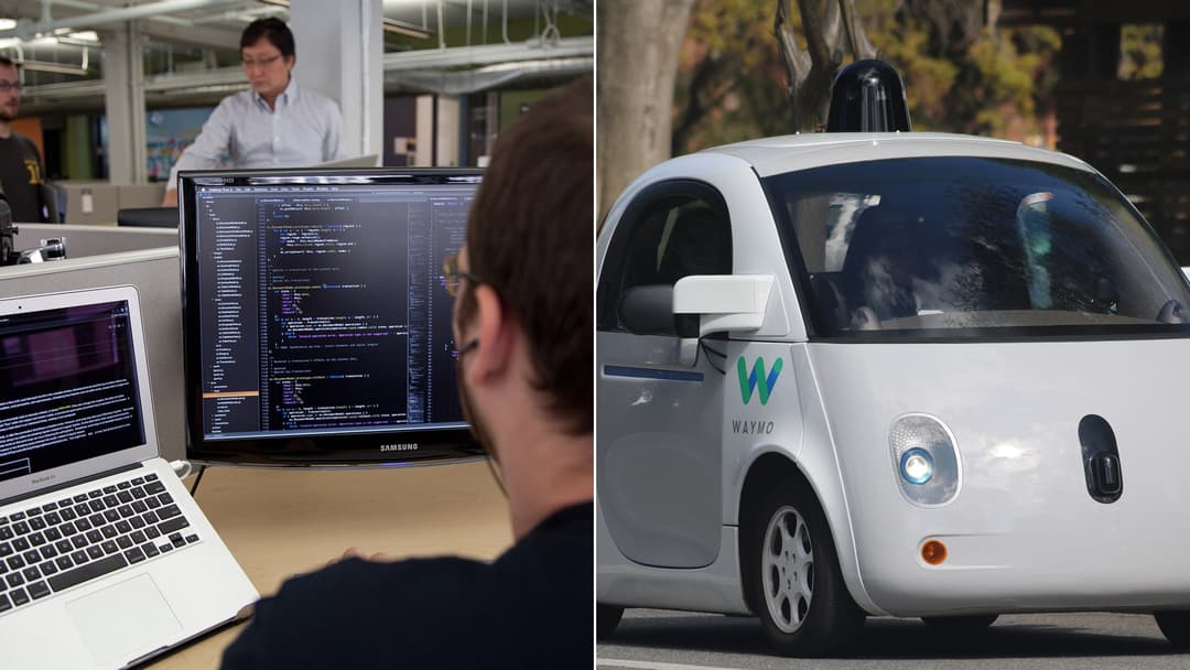 Split cover showing a software engineer writing code on dual monitors on the left and a Waymo autonomous vehicle on the right