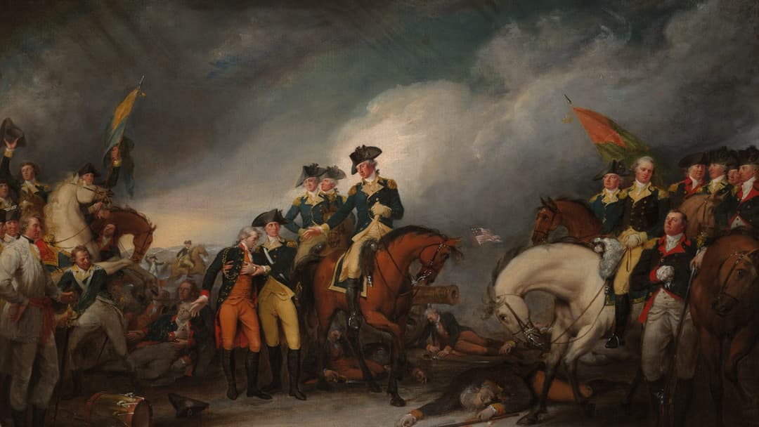 John Trumbull's painting of the Battle of Trenton showing wounded Lieutenant James Monroe on the battlefield.