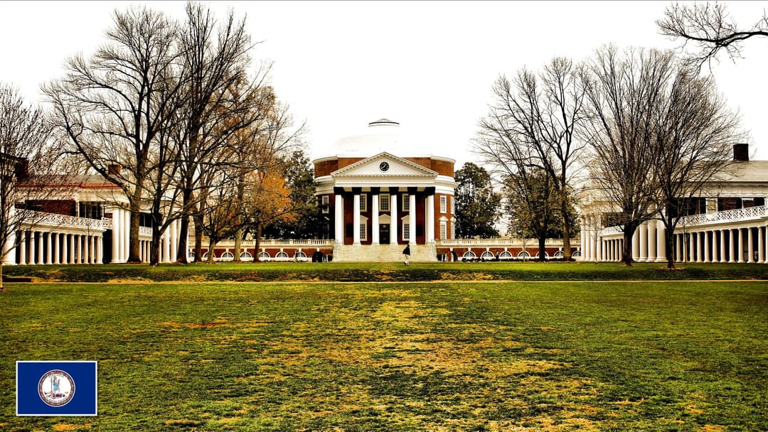 The Rotunda and Lawn at the University of Virginia in Charlottesville, Virginia with the Virginia state flag in the bottom left corner