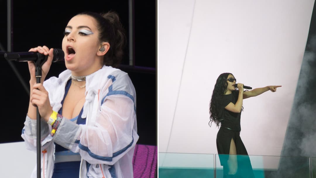 Split view of Charli XCX performing in 2017 on the left and performing during the Brat era on the right.
