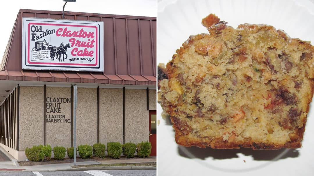 Split view of the Claxton Fruit Cake Company storefront in Claxton, Georgia on the left and sliced old-fashioned fruitcake on the right.