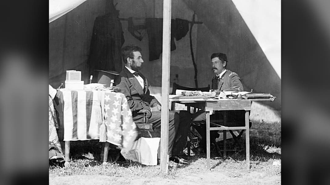 Alexander Gardner photograph of Abraham Lincoln and General George B. McClellan in the general's tent at Antietam in October 1862.