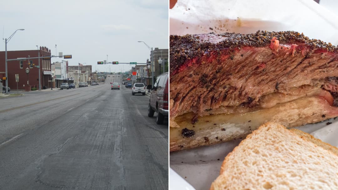Split view of historic downtown Taylor, Texas on the left and a massive peppery pit-smoked beef rib at Louie Mueller Barbecue on the right.
