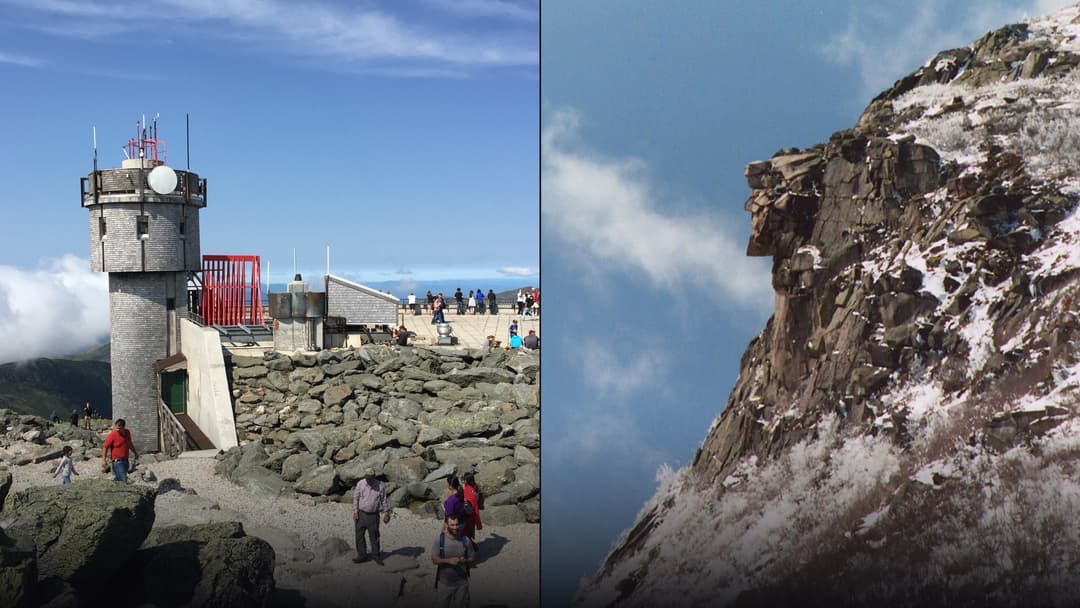 High-impact dual-panel cover comparing the extreme weather observation tower on Mount Washington with the historic granite profile of the Old Man of the Mountain.
