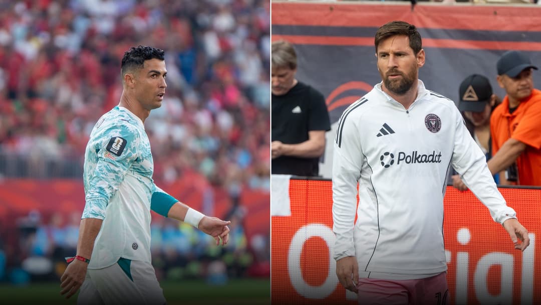 Split screen showing Cristiano Ronaldo and Lionel Messi during their late-career league chapters.
