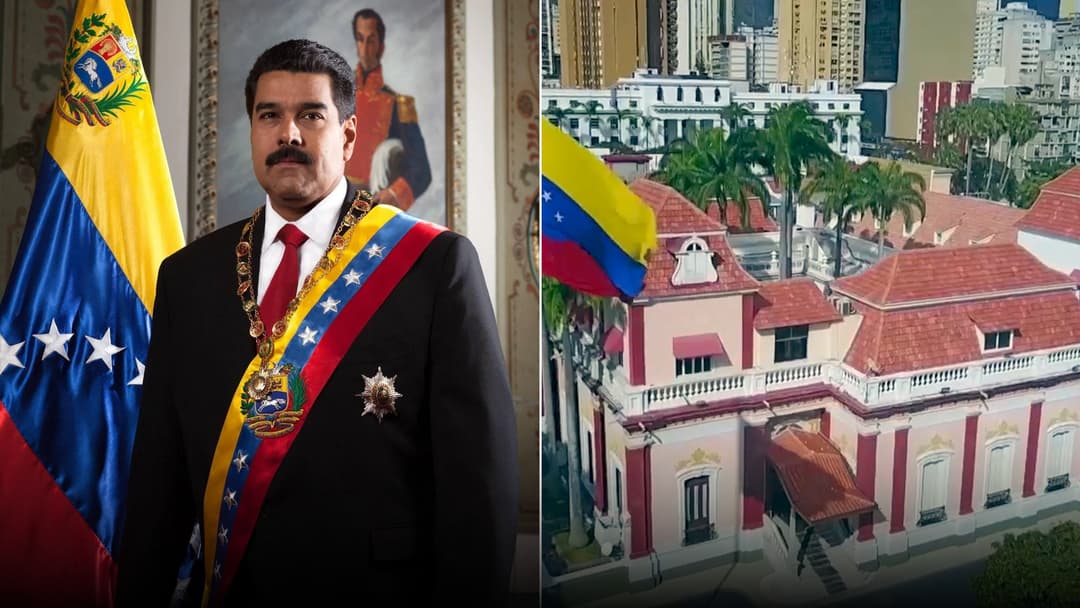 Split screen comparison showing Venezuelan President Nicolás Maduro in official presidential sash on the left and the Miraflores Presidential Palace on the right.