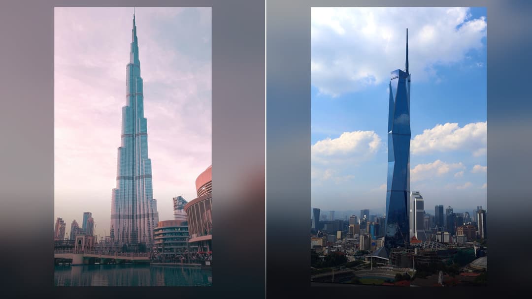 A split comparison of the world's two tallest megatall buildings: Burj Khalifa in Dubai and Merdeka 118 in Kuala Lumpur.