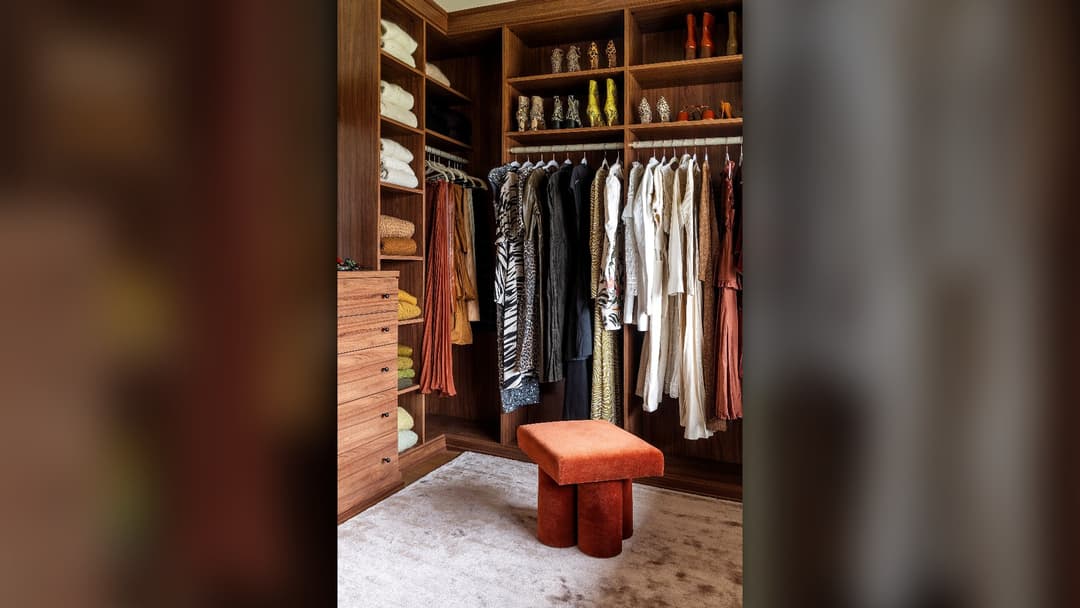 Organized walk-in closet with shelves and clothing hanging from rods