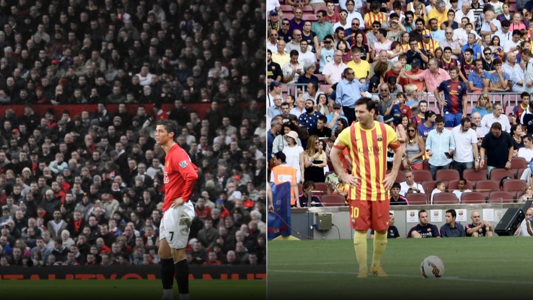 Split screen showing young Cristiano Ronaldo during his early Manchester United years and young Lionel Messi in early Barcelona action.