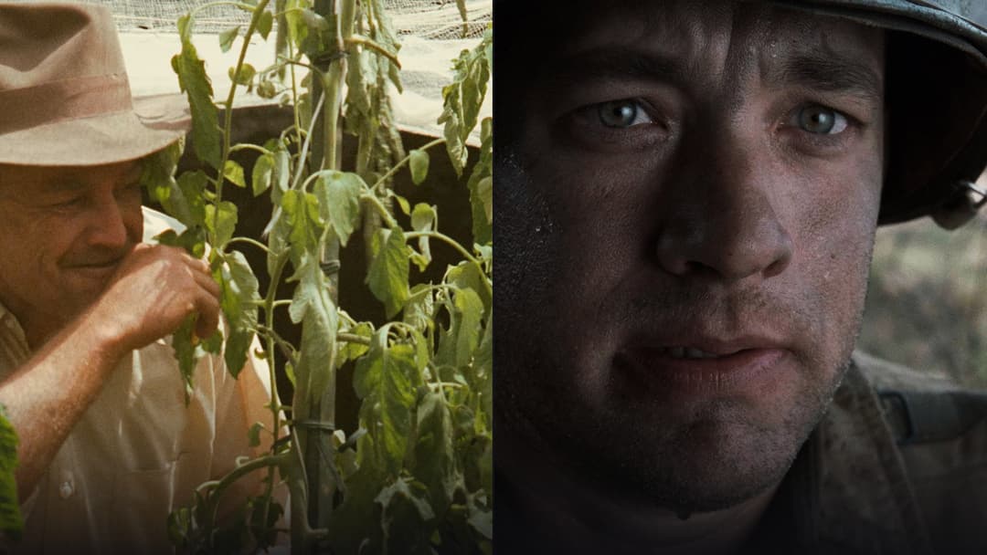 Split view featuring cinematic scenes from classic American films The Godfather and Saving Private Ryan.
