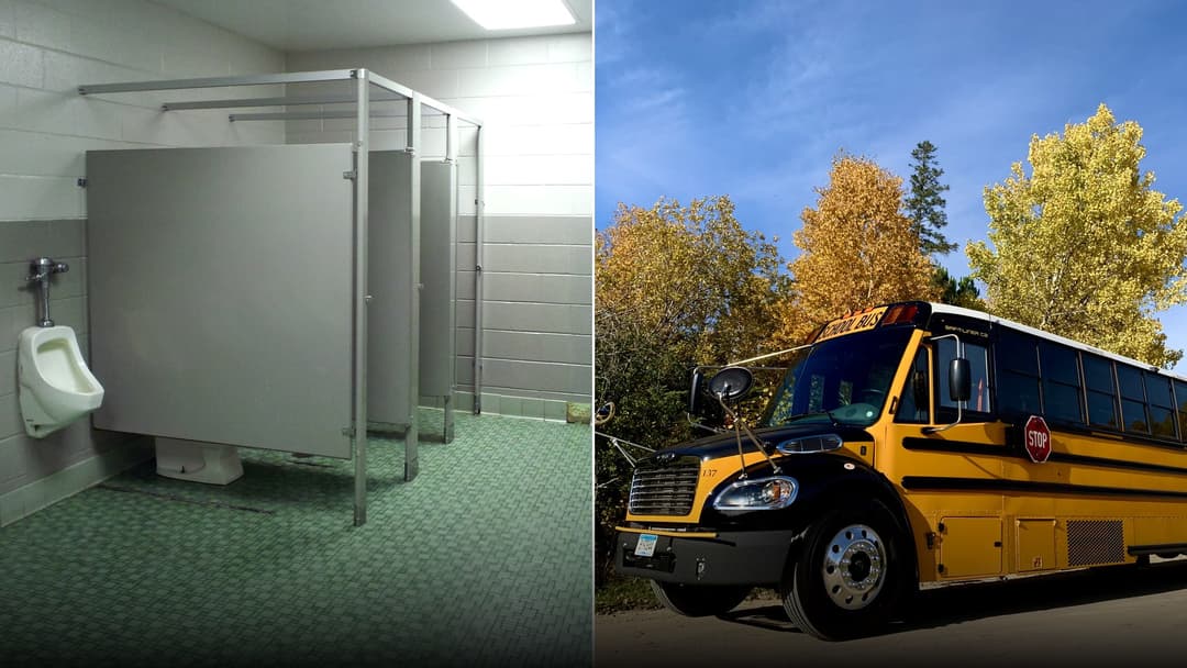 A split composition showing an uncropped American public restroom with open partition gaps beside a vibrant yellow Thomas Built school bus under autumn foliage.