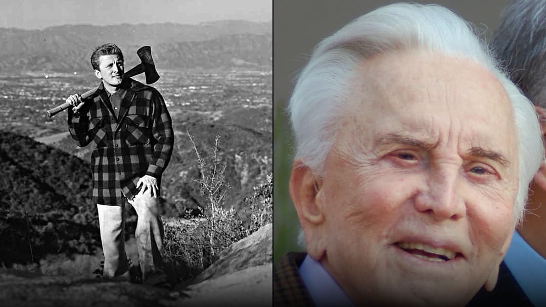 Side-by-side photographic comparison of young Kirk Douglas holding an axe in 1950 on the left and smiling at age 95 in 2011 on the right.