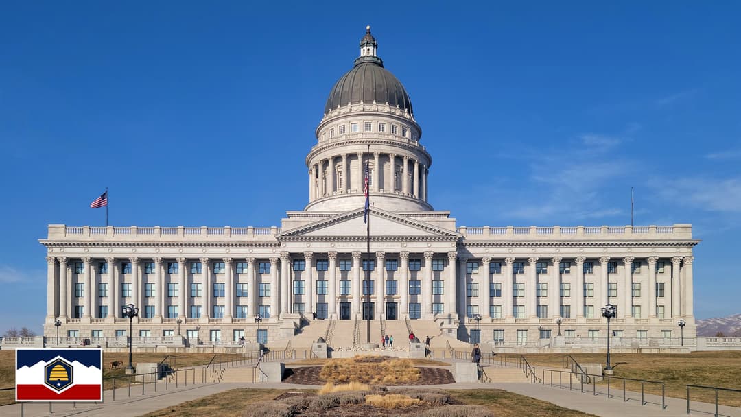 Utah State Capitol in Salt Lake City, Utah with the Utah state flag in the bottom left corner