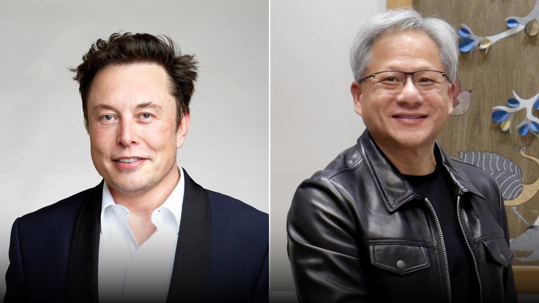 Split cover featuring Tesla CEO Elon Musk and NVIDIA CEO Jensen Huang.