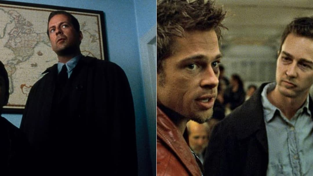 A side-by-side composite showing key scenes from The Sixth Sense and Fight Club, horizontally flipped.